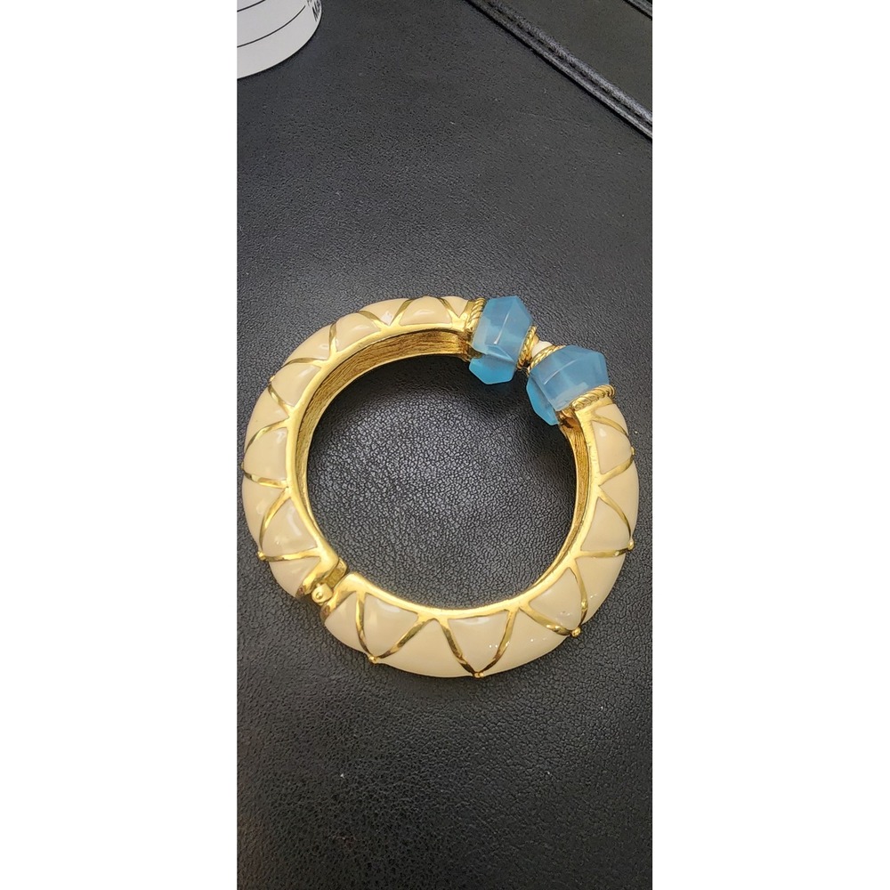 Vintage Replica Made in Italy Cream Enamel Blue Glass Gold Tone Hinged Bangle